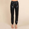 Black Faux Leather Drawstring Waist Pocketed Cargo Pants