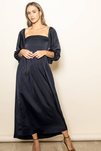 Black Off Shoulder Satin Pleated Bodice Dress