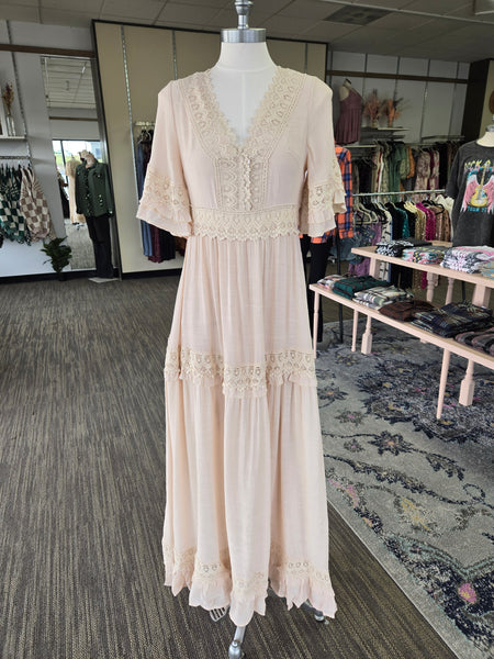 Shell V-Neck Lace Trim Maxi Dress