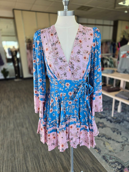 Blue Floral Wrap Mini Dress