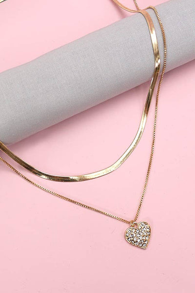 Gold DBL Layer Rhine Heart Necklace