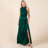 Hunter Green Asymmetric Ruched Satin Sleeveles Slit Maxi Dress