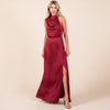 Burgundy Asymmetric Ruched Satin Sleeveles Slit Maxi Dress