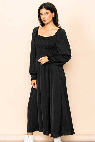 Plus Black Satin Smocked Midi Dress