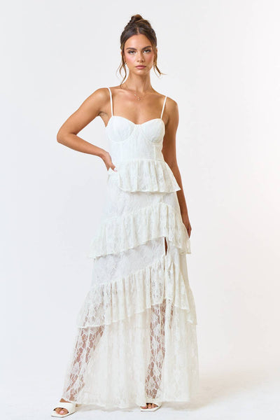 White Lace Tiered Ruffle High Slit Maxi Dress
