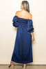 Mindnight Off Shoulder Satin Pleated Bodice Dress