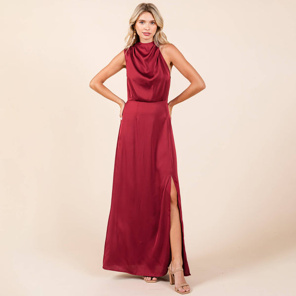 Burgundy Asymmetric Ruched Satin Sleeveles Slit Maxi Dress