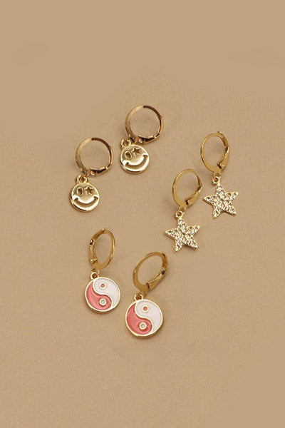 Gold Mini Hoop Earrings -Smiley, Star, Ying Yang