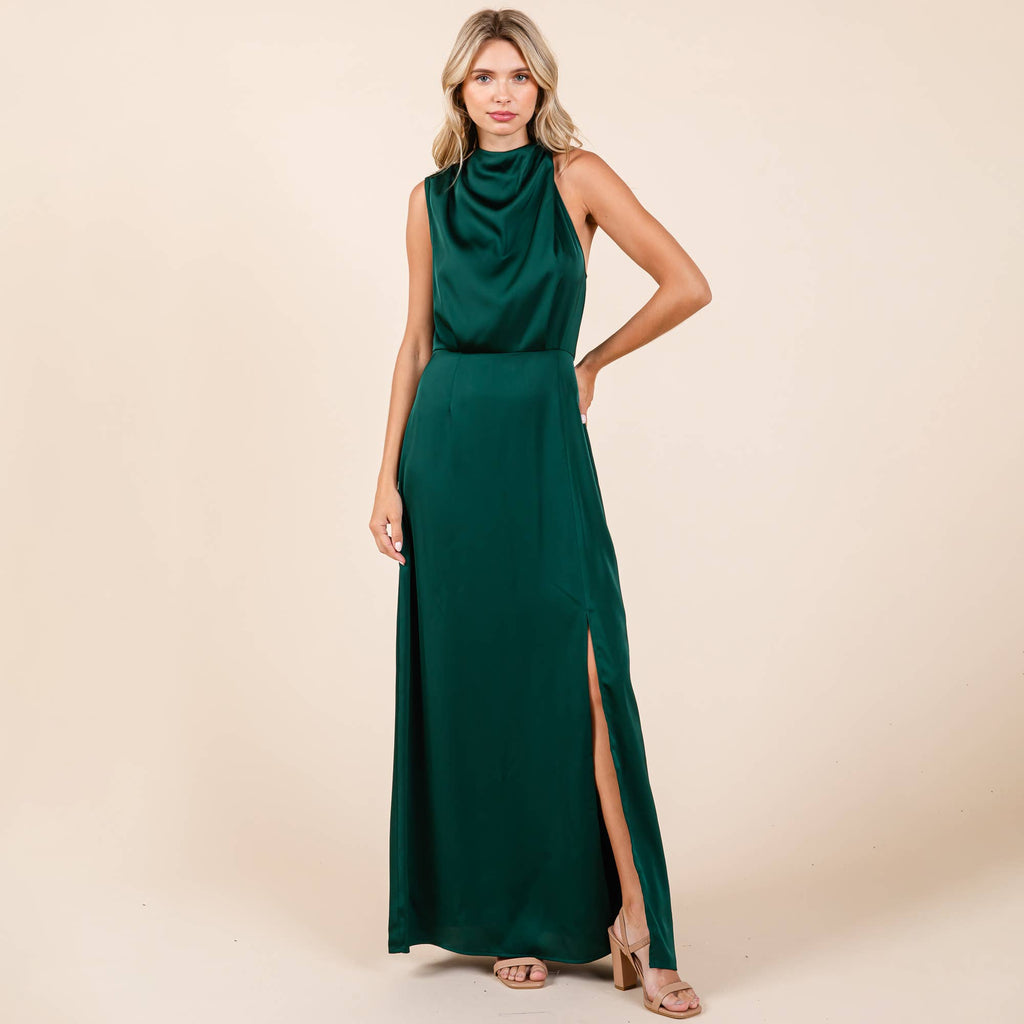 Hunter Green Asymmetric Ruched Satin Sleeveles Slit Maxi Dress