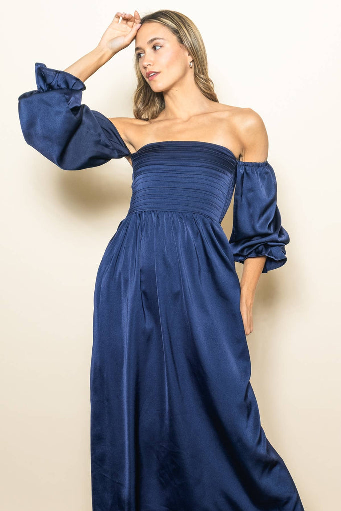 Mindnight Off Shoulder Satin Pleated Bodice Dress