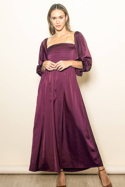 Wine Off Shoulder Satin Pleated Bodice Dress