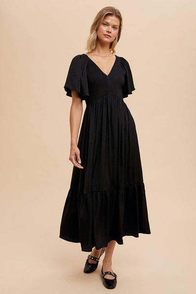 Black Smocked Washed Satin Midi Dress