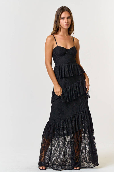Black Lace Tiered Ruffle High Slit Maxi Dress