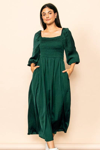 Plus Hunter Green Satin Smocked Midi Dress