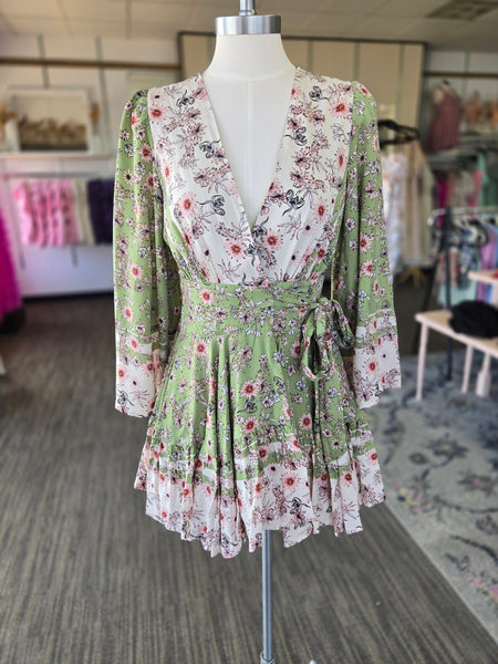 Sage Floral Wrap Mini Dress