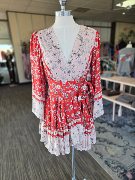 Red Floral Wrap Mini Dress